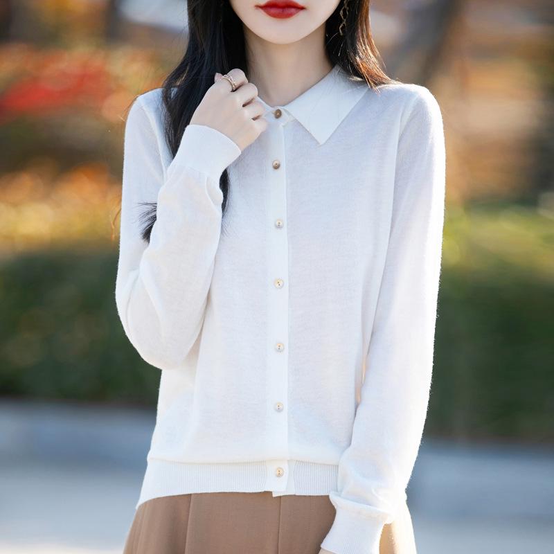 

Women s Merino Wool Polo Collar Knit Cardigan - Age-Reducing Thin Sweater Coat L