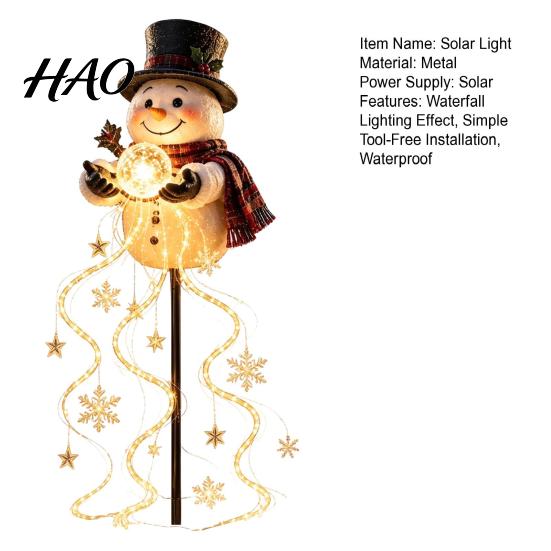 Outdoor Holiday Decorative Lighting Solar Snowman Garden Light with Flowing Snowflakes, LED Christmas Waterfall Patio Ornaments Star, Weatherproof