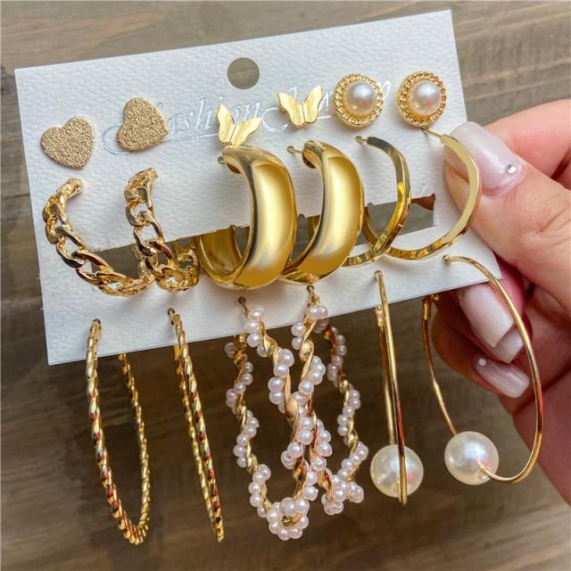 17KM Trendy Metal Pearl Stud Earrings Set for Women Vintage Gold Color Round Square Earrings Set of Earrings Gifts Jewelry