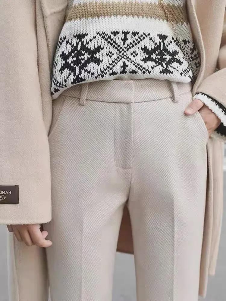 

Женские шерстяные брюки в елочку с высокой посадкой: Тонкий, Повседневный и Профессиональный Medium