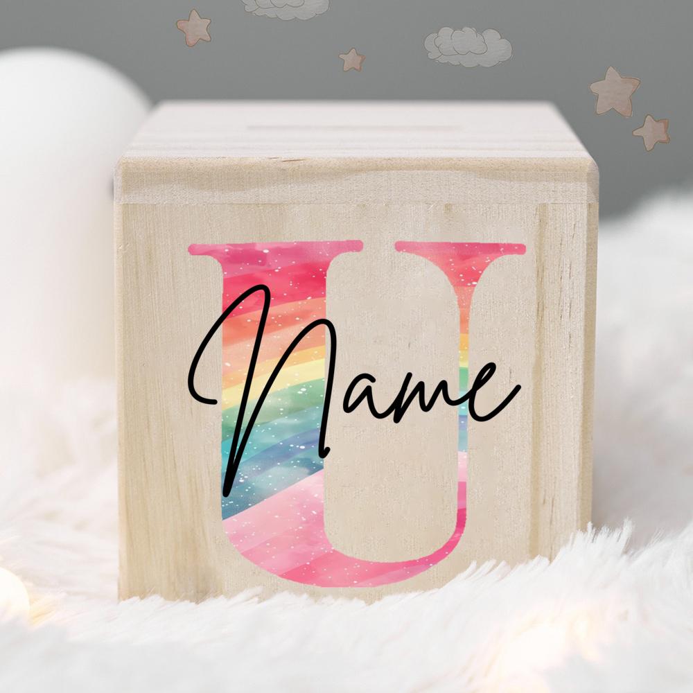 Personalized Money Box Kids Money Boxes Rainbow Letter with Name Coin Collection Box Wooded Coin Bank Child Birthday Shower Gift