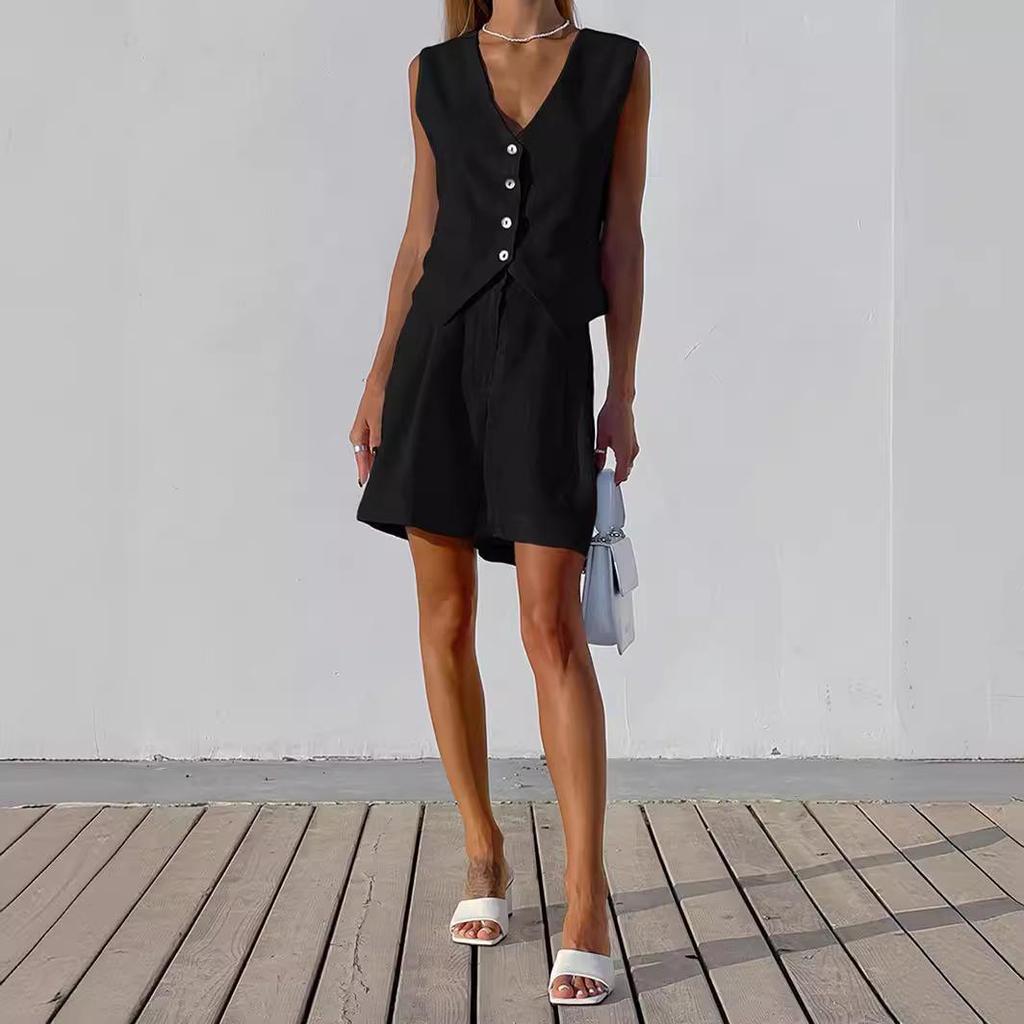 European & American Design Cotton Linen Suit: Women's Summer Casual Sleeveless Vest & Shorts Set