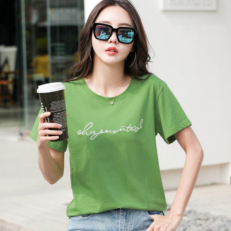 

Новая женская корейская версия футболки с короткими рукавами с круглым вырезом и вышивкой букв, летний красный топ Instagram большого размера, свободный XL зелёный