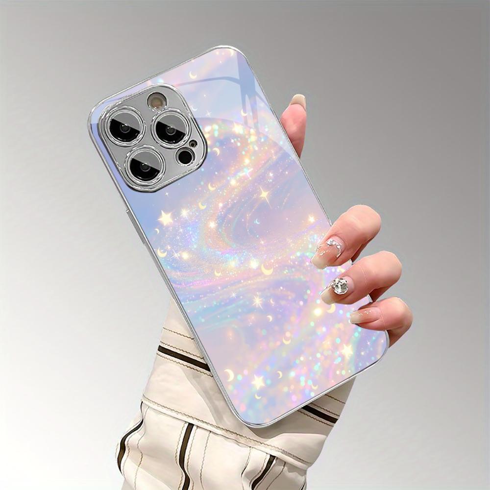 Dreamy Starry Sky Silver Plating Glass Phone Case For iPhone 17 16 15 14 13 12 11 Pro Max Plus Anti‑Knock Back Cover Shockproof