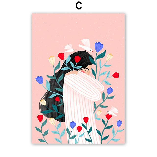 Boho Mode Mädchen Blumenvase Illustration Wandkunst Leinwandmalerei Abstraktes Poster und Drucke Bilder für Wohnzimmerdekor