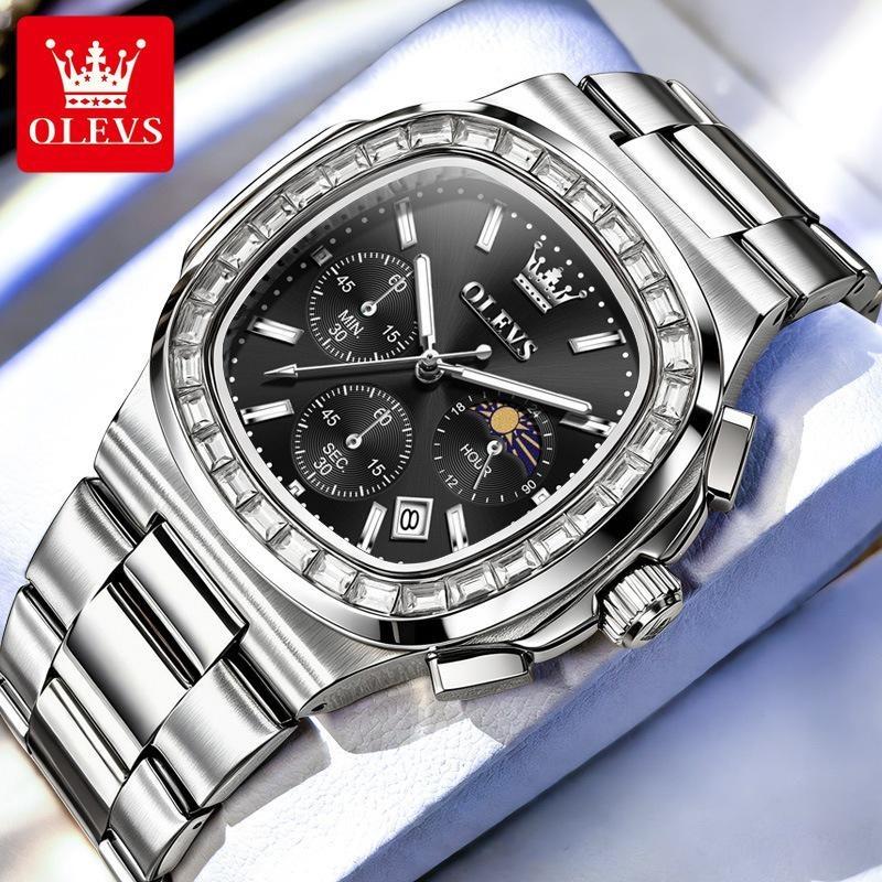 Men Square Diamond Bezel Quartz Watch Moon Phase Date Chronograph Luminous Waterproof Wrist Watch