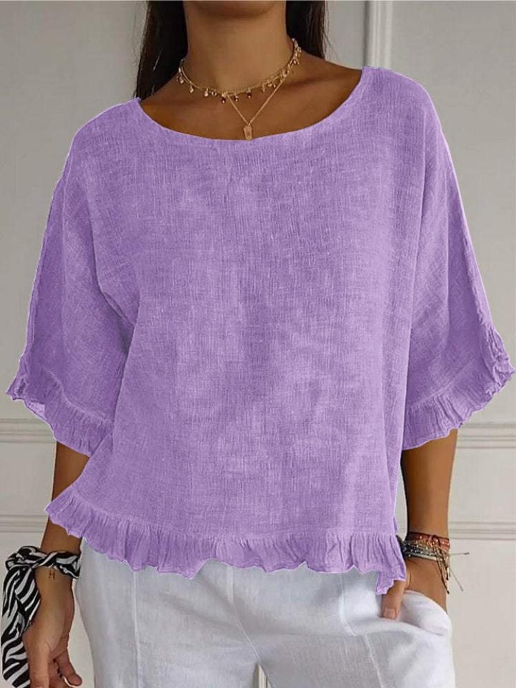 Camicia Estiva da Donna a Maniche Corte con Girocollo in Cotone e Lino Monocolore dalla Vestibilità Ampia per Donne