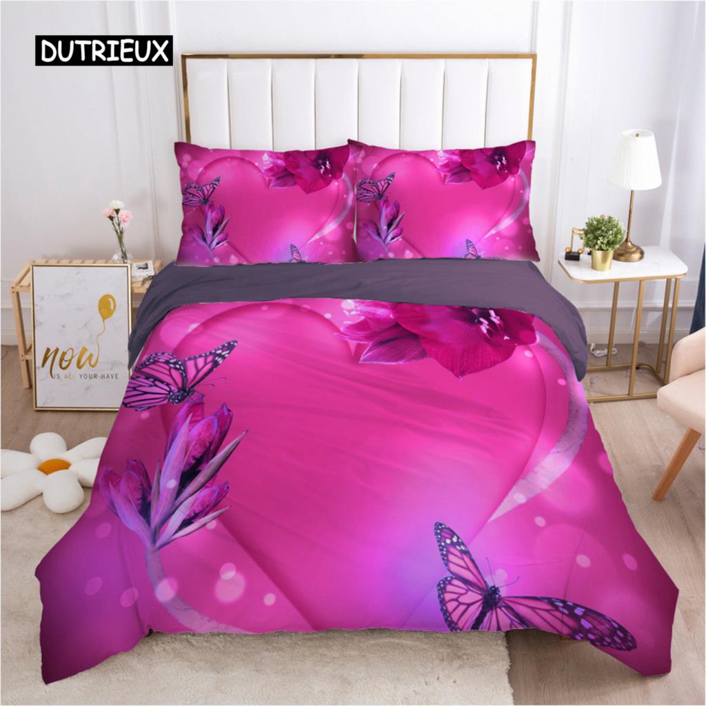 Schmetterlings-Bettbezug-Set, rosa Schmetterlinge, Rosen-Druck, Bettbezug-Set für Mädchen, Teenager, Frauen, Frühlings-Themen-Bettbezug