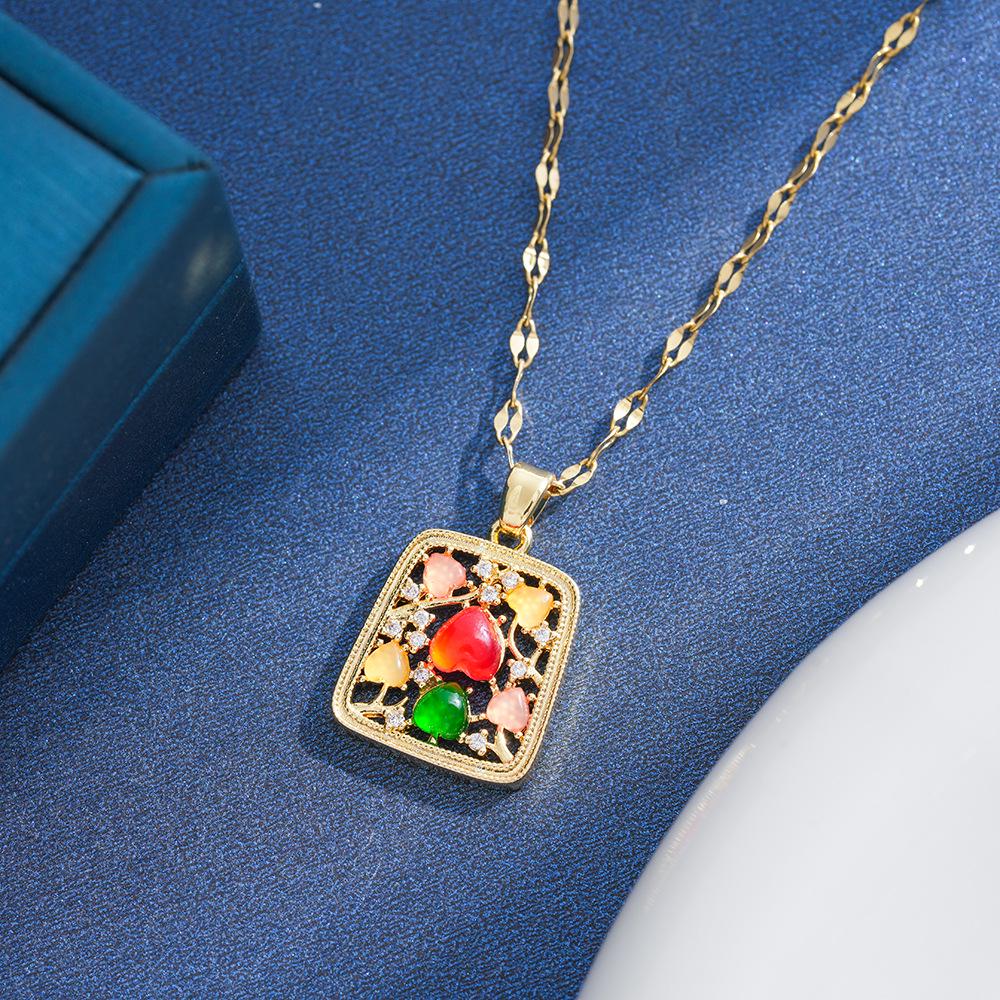 Stylish Women's Colorful Cat's Eye Bohemian Square Pendant Necklace with Stainless Steel Clavicle Chain