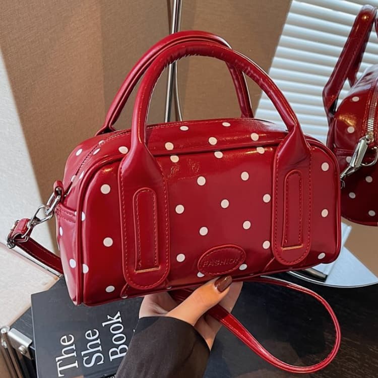 

Patent leather polka dot Boston bag women s tote shoulder bag червоний