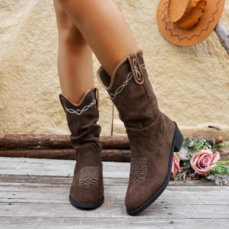 Women's Embroidered Western Style Ankle Boots, Pointed Toe Chunky Heel Folded Martin Boots, Retro Fall Winter Shoes