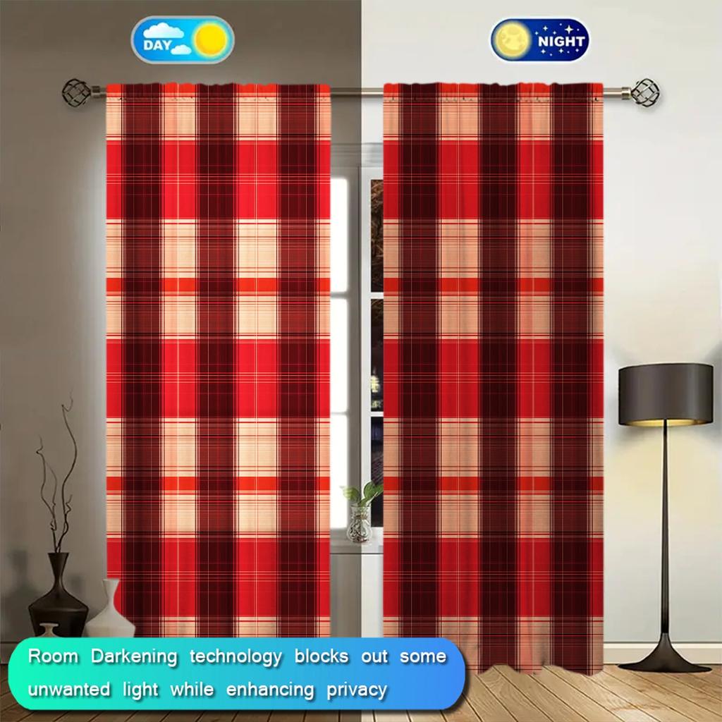 2 st Röd och Svart Rutig Tryckt Gardin för Jul Heminredning - Stångficka Fönsterbehandling för Sovrum, Kontor, Kök
