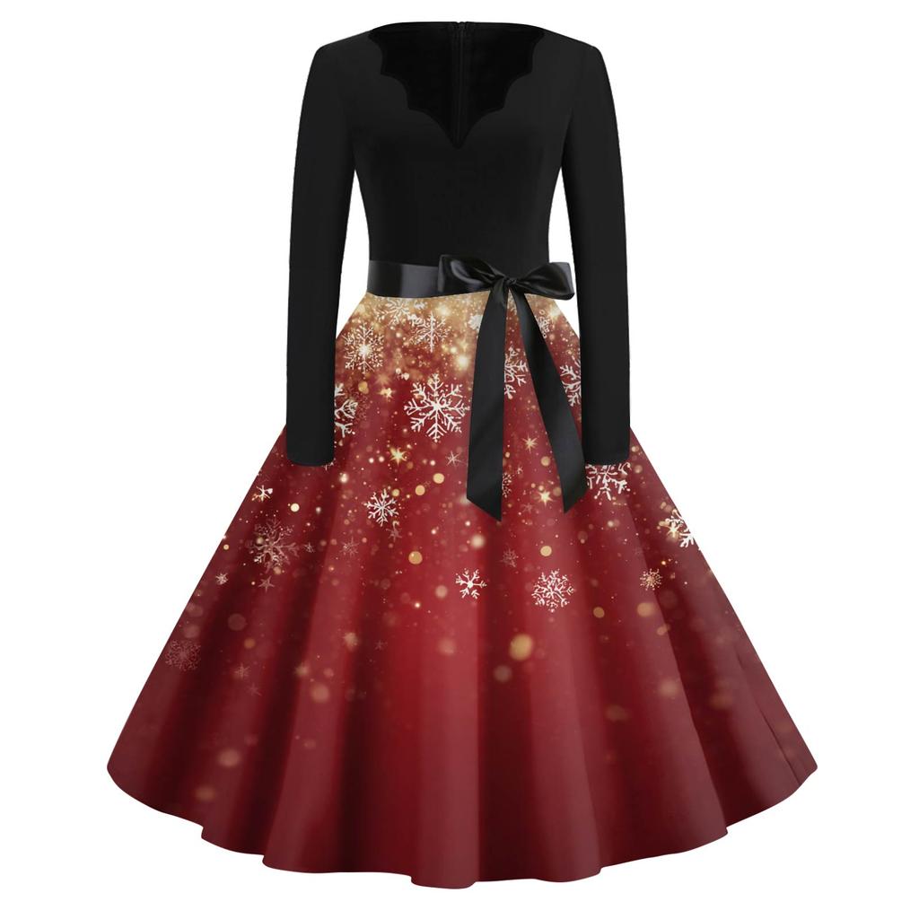 Women's Fashion V-Neck Relaxed-Fit Christmas Print Long-Sleeved Dress