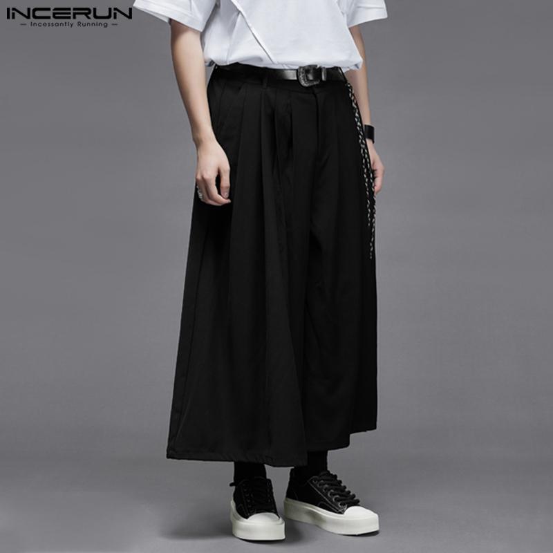 INCERUN Men Zip-up Waist Solid Color Casual Loose Cropped Straight Pants