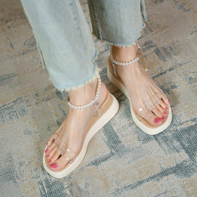 

Beaded one-word belt fashion sandals summer new wedge heel lady high heels 39 абрикосовый