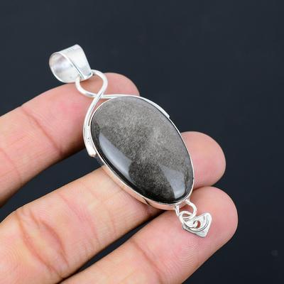 Offre Spéciale Journée des Sœurs Pendentif en Argent Sterling 925 Ovale Obsidienne à Reflet Argenté Naturel