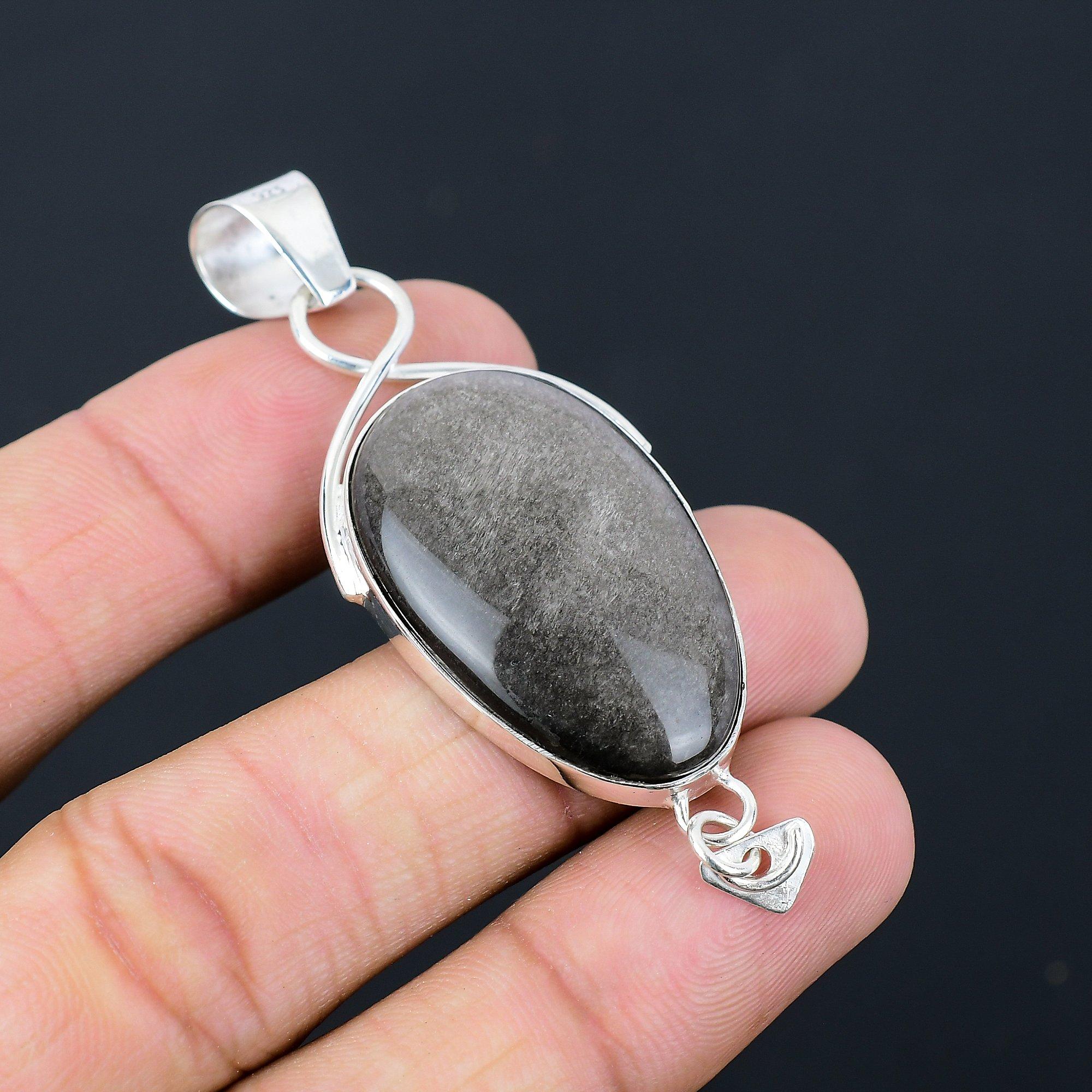 Сделка ко Дню сестер Подвеска из стерлингового серебра 925 пробы, овальная, с натуральным серебристым обсидианом