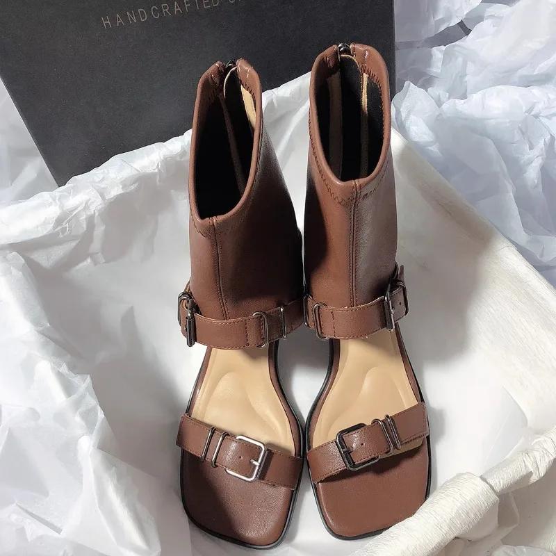 Fashion Women Ankle Boots Sandals Square Toe High Heels Shoes Sexy Chunky Sandals Elegant 2025 New Summer Heeled Shoes Cool Woman Pumps