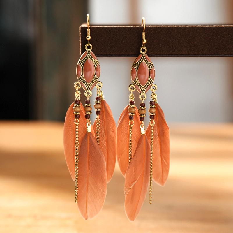Modische Böhmische Bunte Federohrringe für Damen Ethnischer Stil Lange Geometrische Ohrringe Damen Schmuck Accessoires Geschenk