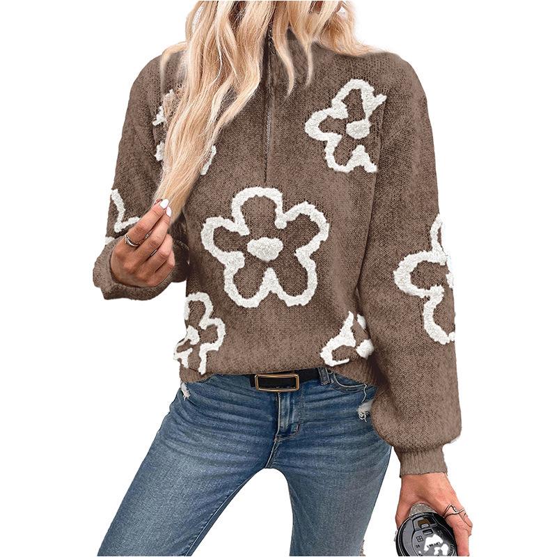 European & American Floral Jacquard Knit Half-Zip Sweater for Women - Winter 2025 New Style.