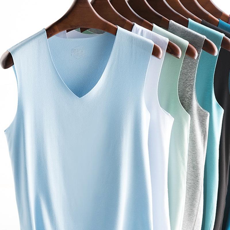 Große Größe Eis Seide Weste Herren grenzenloses Sport-Basisshirt V-Ausschnitt ärmelloses T-Shirt Sommer dünn einfarbig elastisch Herrenbekleidung