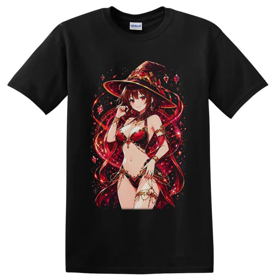 Anime Sorceress T Shirt Red Magic Crystal Fantasy Pinup Graphic Tee Art Design
