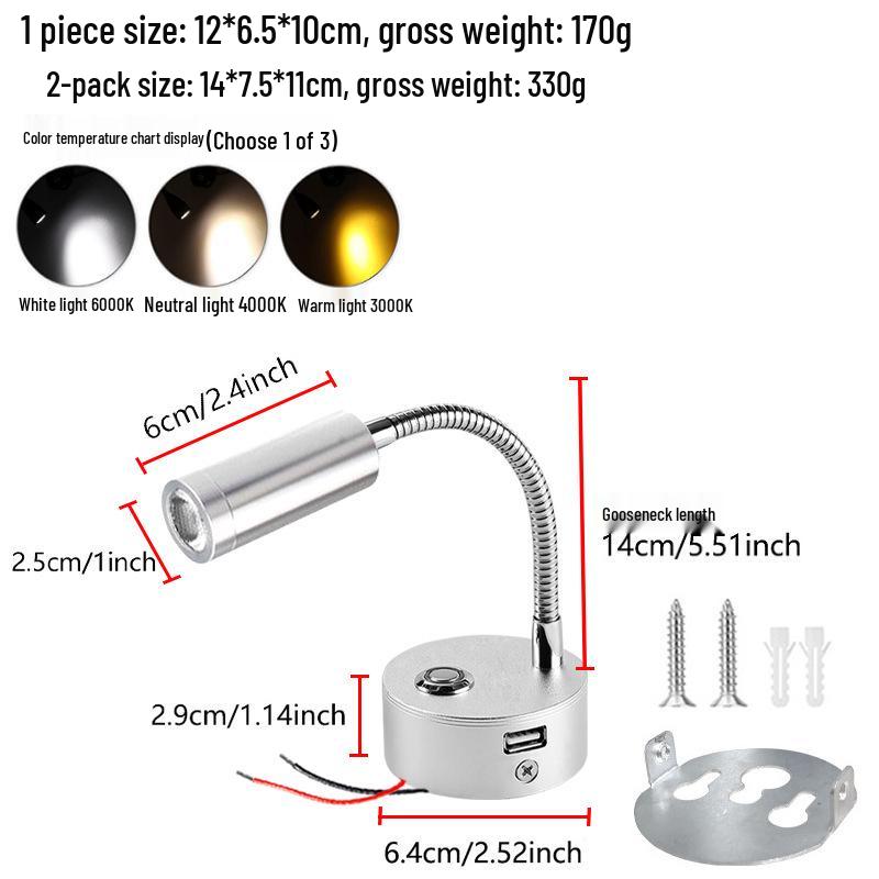 LED Touch Dimming RV Yacht USB Interior Reading Light, 3W, 12V