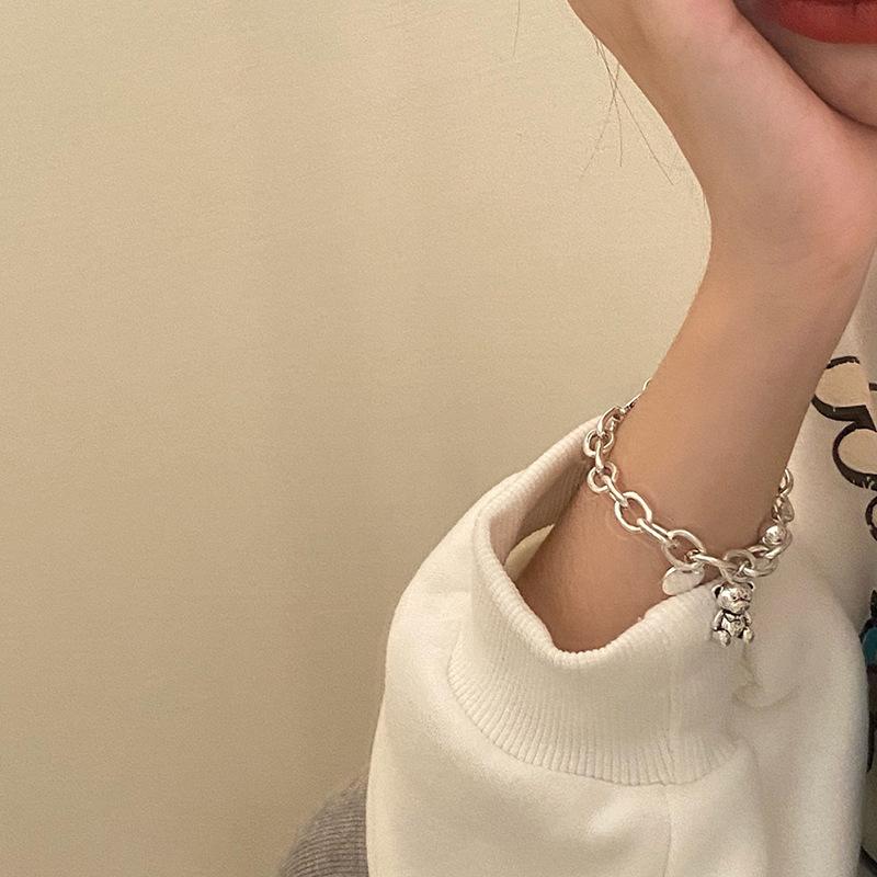 Sterling Silver S925 Silver Bracelet Letter Round Plate Niche Retro Bestie Bracelet Female Cute Korean Version Birthday Gift Bear Bracelet