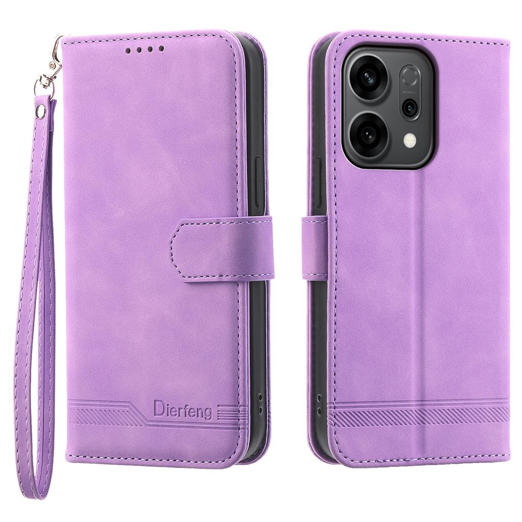 DIERFENG DF-03 For Oppo Reno14 5G (Global) Case Lines Imprint Wallet Leather Phone Cover with Wrist Strap