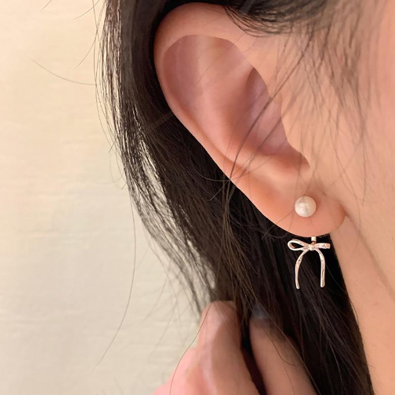 1Pair Korean Style  Pearl Bow Earrings For Women Girls High End Simple Elegant Ear Studs Wedding Party Jewelry Gift
