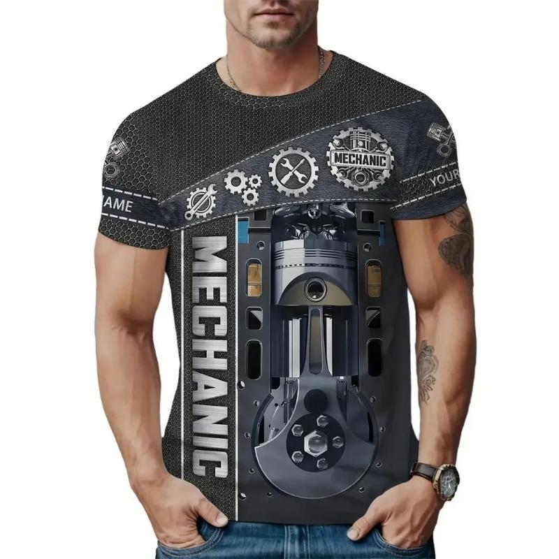 Summer Round Neck Mechanic T-shirts 3D Print Mechanic Engine Graphic Top Fashionable Casual Short Sleeved  Men's T-shirts
