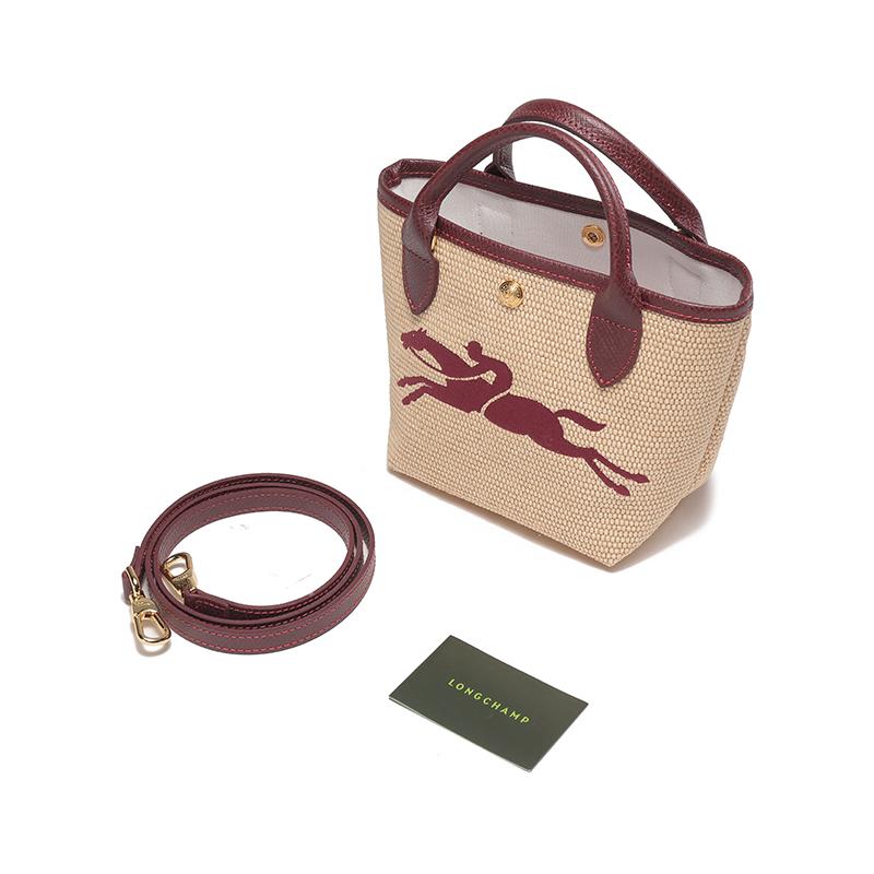 New LONGCHAMP Straw Woven Linen With Cowhide Dumpling Bag, Shoulder Bag, Handbag Mini Women's Khaki & Dark Brown 10162HYTP59