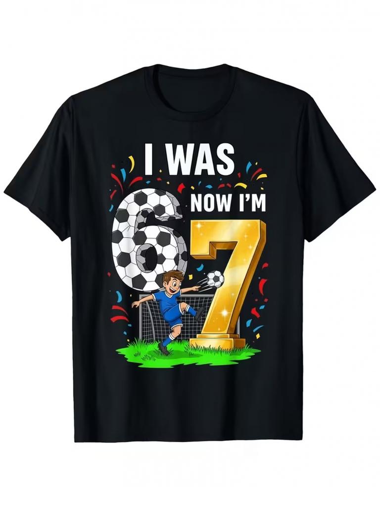 Boys Crew Neck Short Sleeve T-Shirt with Soccer Background Number 6 & Golden Number 7 Print