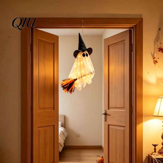 Illuminated Ghost Tree Ornaments Halloween Flying with Witch Broom, Large Lighted Hanging Decoration Indoor Party Wall Decorations Hat for Lawn Patio