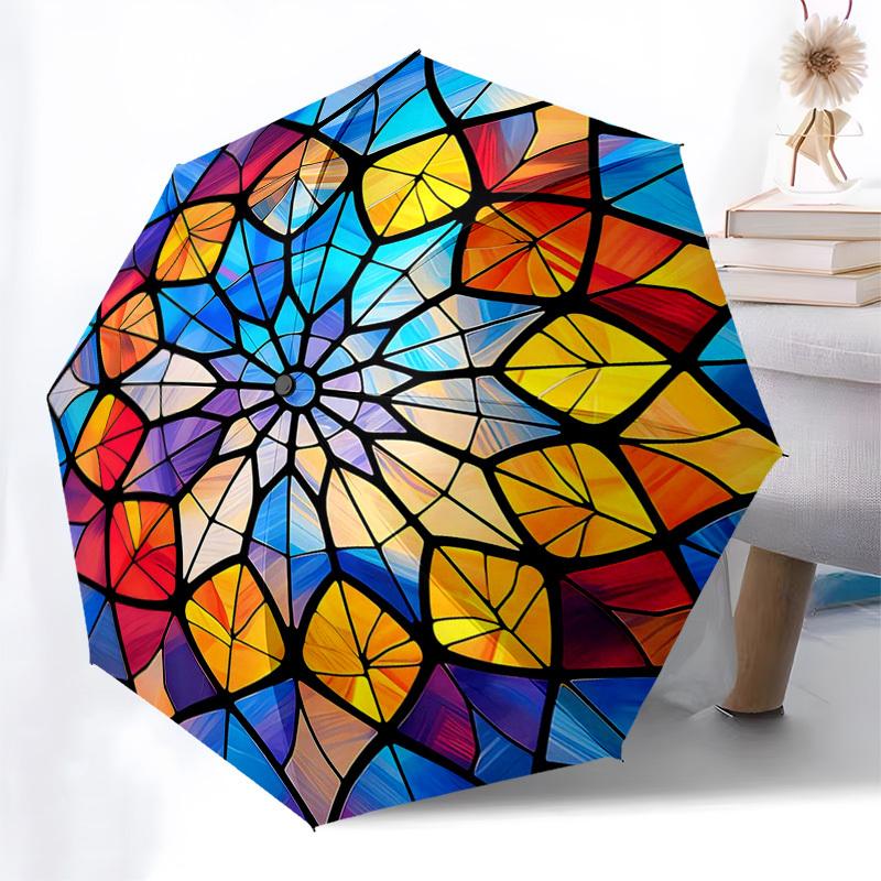 

1pc Stained Glass Mandala Design Automatic Folding Umbrella - Portable 3-Fold Design, 8-Bone Iron Frame Outdoor Umbrella, Perfect Festival Gift for Fa