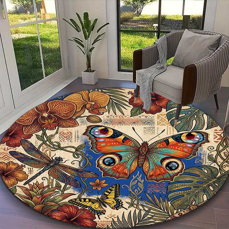 1pc General-purpose Rug, Blush Pink Butterfly Rose Printed Round Rug, Comfortable Office Chair Carpet, Home Entrance Floor Mat