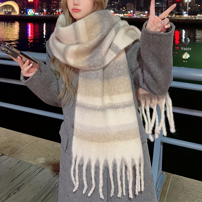 Korean Style Women's Winter Mohair Scarf - Versatile Khaki Plush Neck Warmer