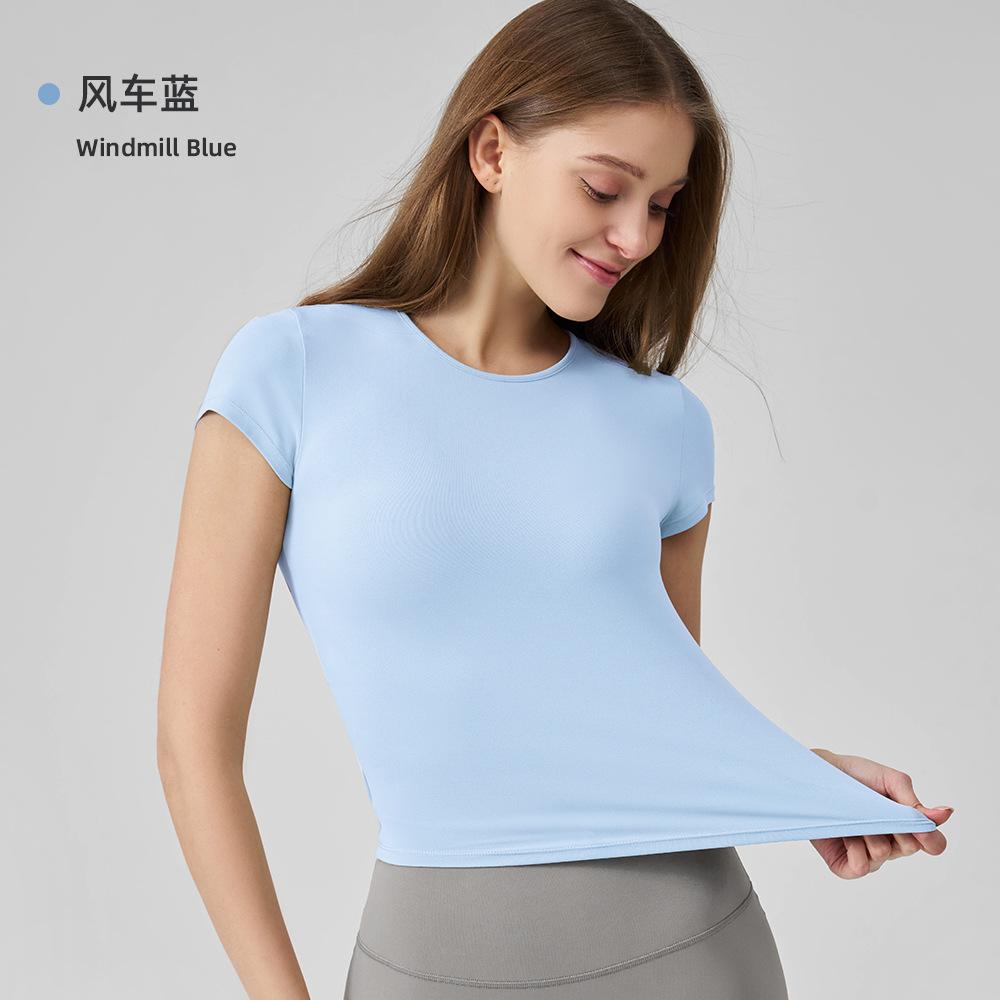 Summer nude round neck thin yoga clothes top tight waist outdoor breathable high elastic fitness sports short sleeves women