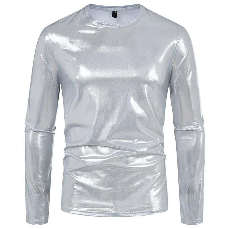 Cozy Up Men's Party Stage Glossy Long-sleeved Round Neck T-shirt
