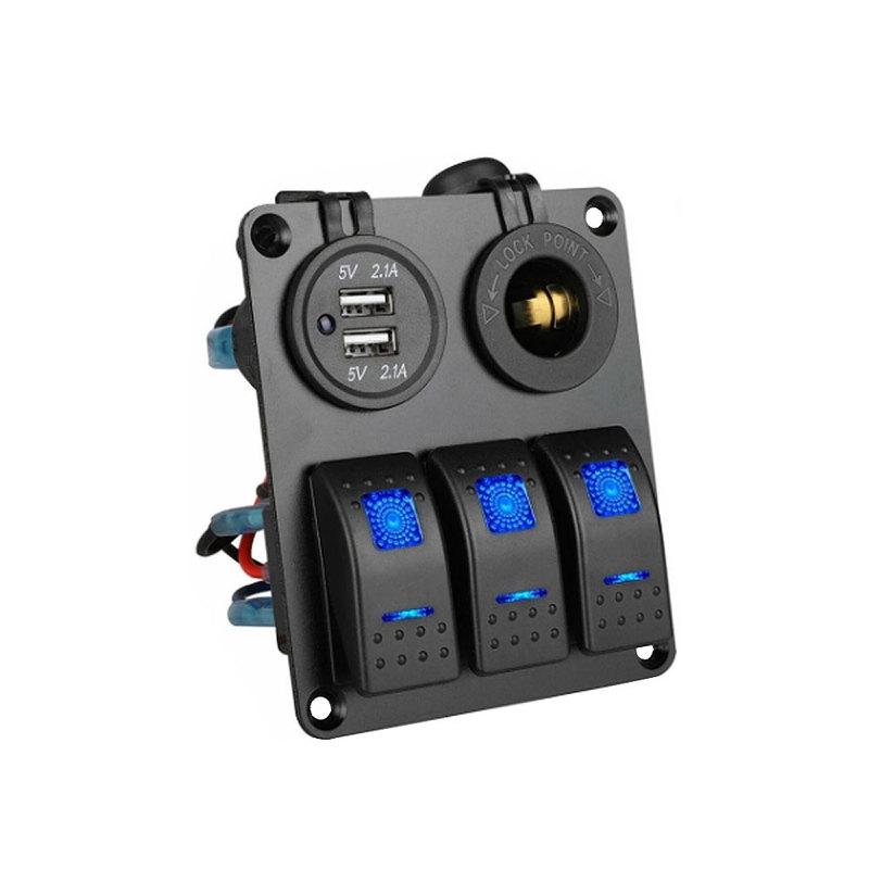 3 Gang 12V/24V LED Rocker Switch Panel Dual USB Port Cigarette Lighter Socket ON Off Switch Panel for Cars Rvs Boats Yachts