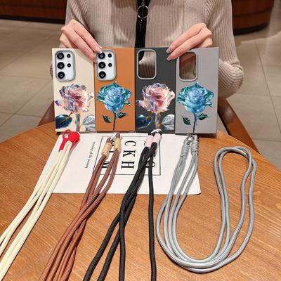 Kryształowa róża kwiatowa odporna na wstrząsy obudowa do Samsung S25 Ultra S24 FE S23 S22 S21 A16 A56 A55 A36 A15 Crossbody Rope miękka TPU matowa smukła obudowa telefonu