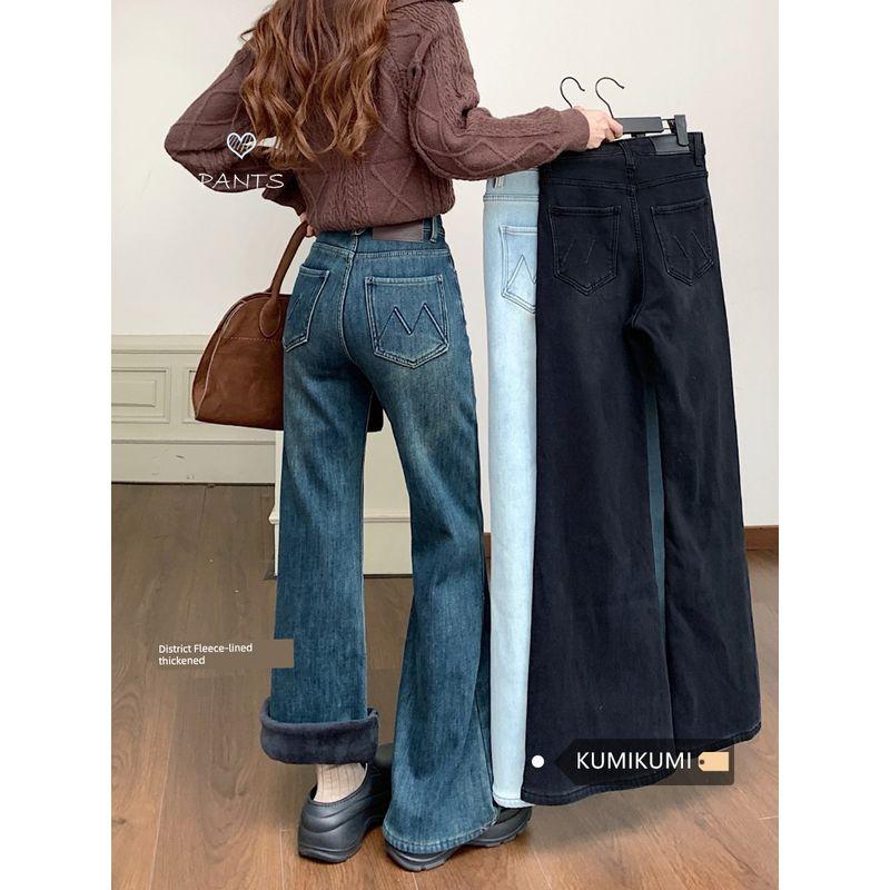 Light Blue Pants for Women Denim Autumn High Waist Stretch Loose Pants Retro Washed Black Bell-Bottoms Pants Tide