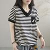 Literary Plus Size Women's Pure Cotton Striped T-shirt Women's Summer New Style Loose and Versatile V-neck Short-sleeved Top