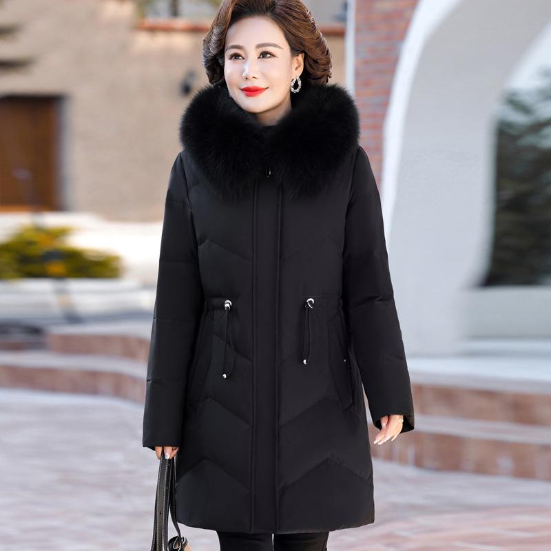 

Женская куртка средней длины большого размера на утином пуху 2023 года - Теплое, стильное зимнее пальто для женщин среднего и пожилого возраста 5XL (156-165 jin)