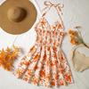 Summer Women's Fashionable Vacation Retro Blue and White Rose Printed Ruffled Dress