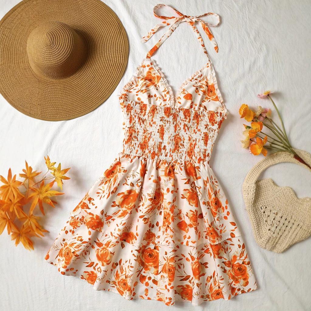 Summer Women's Fashionable Vacation Retro Blue and White Rose Printed Ruffled Dress