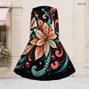 Women Plus Size V Neck Long Sleeve Black White Printed A Line Flared Dress With Belt
