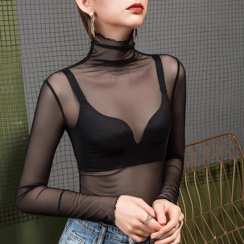 2023 Trendy Women's High Neck Black Mesh Lace Top - Stylish Korean Inner Layer