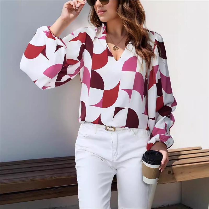 2024 Autumn Women's V-neck Printed Pullover Top - European & American Fashion