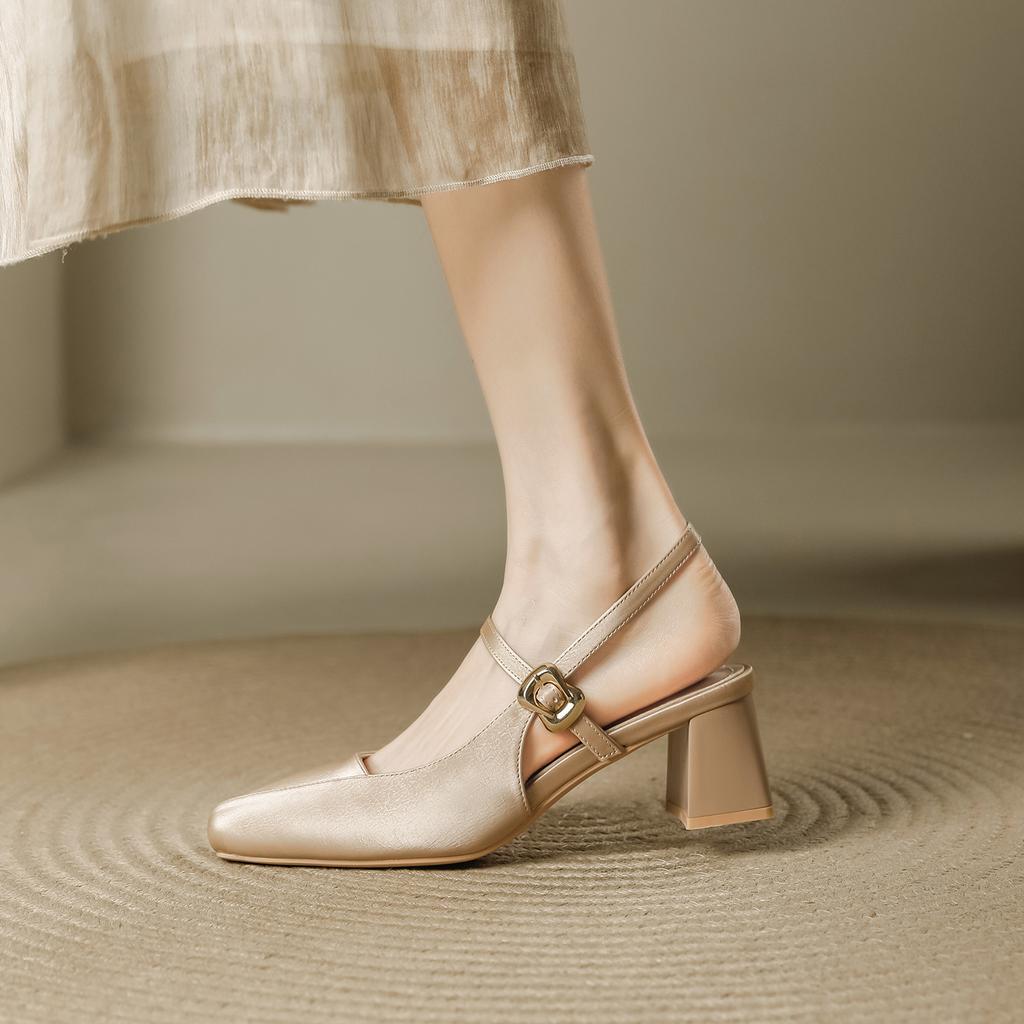 Retro square head high heels women's cheongsam summer new one-word buckle Mary Jane bag head empty thick heel sandals